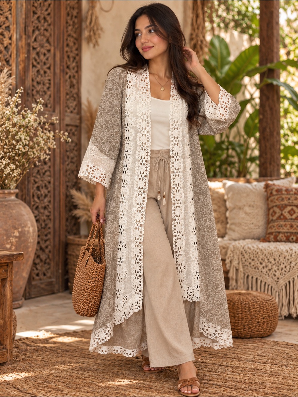 POL Clothing boho patchwork lace midi kimono cardigan size Small